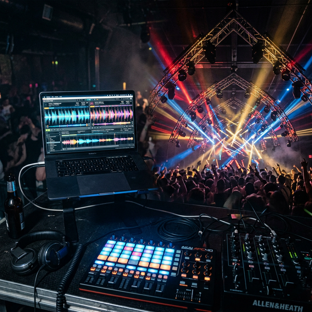 A complex concert stage VJ setup alongside a streamlined laptop DJ setup using Onset Engine